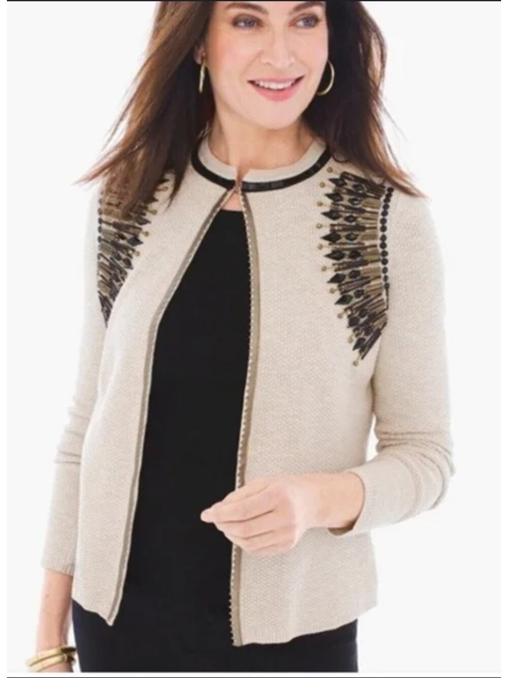 Chico’s Beaded Seed Stitch Beige Cardigan Sweater Faux Leather Trim Size 1 (Med)